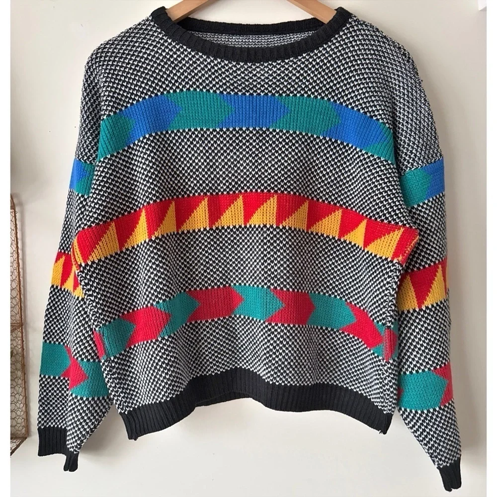 Vintage 80s 90s Southwestern Geometric Graphic Knit Sweater Adele Made USA Sz XL